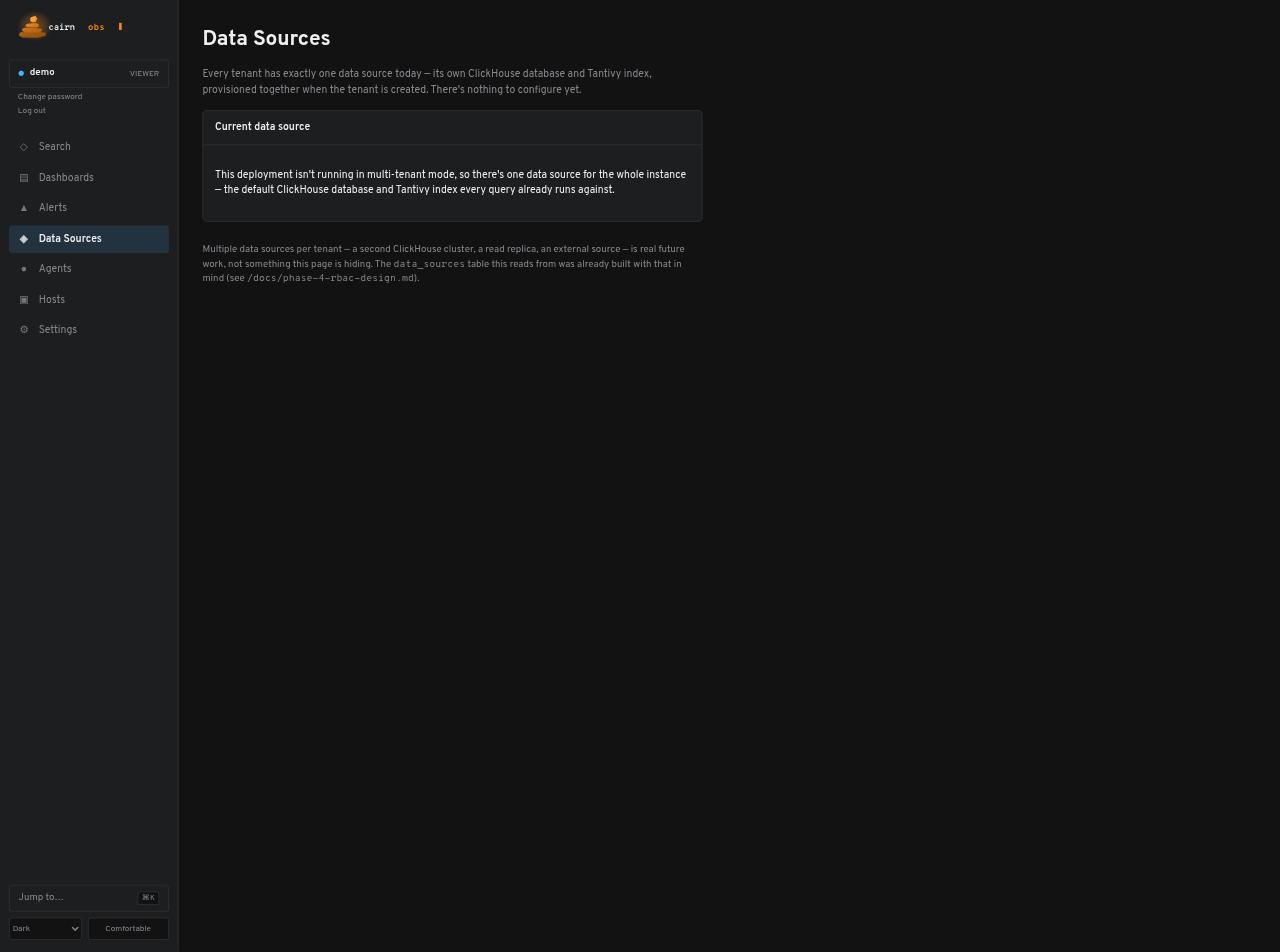 Cairn OBS data sources page describing the single ClickHouse and Tantivy data source for this deployment.
