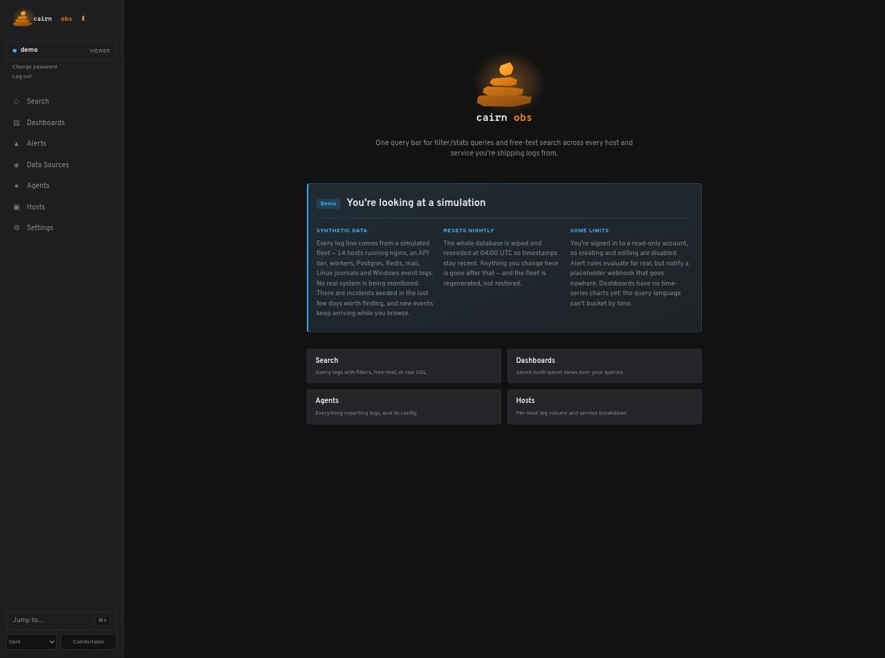 Cairn OBS landing screen after login, showing quick links to Search, Dashboards, Agents, and Hosts.