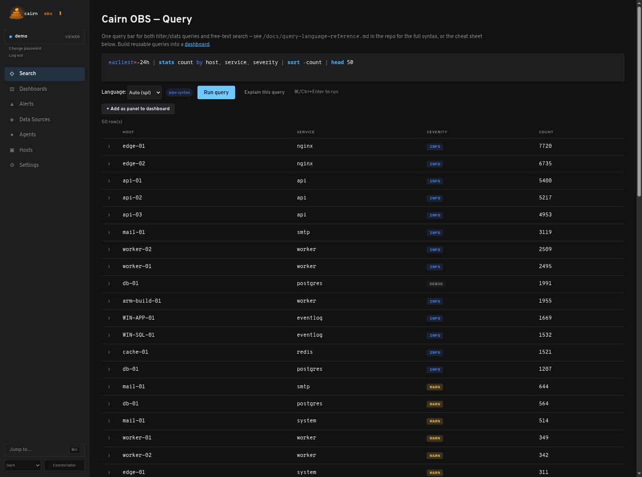 Cairn OBS query results showing a stats aggregation table grouped by host, service, and severity with row counts.